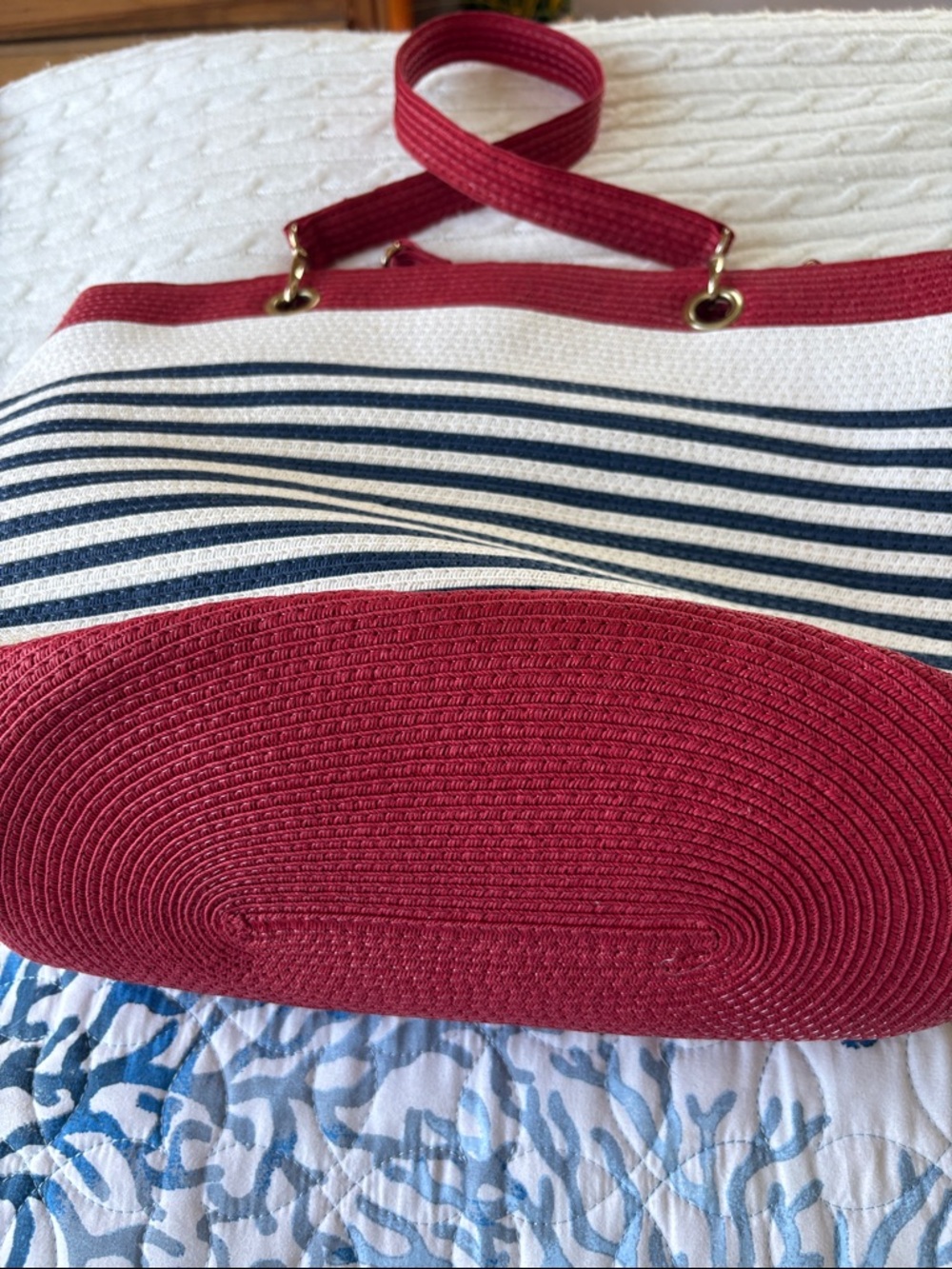 Striped Red & Navy Casual Women's Tote Bag - Picture 7 of 7